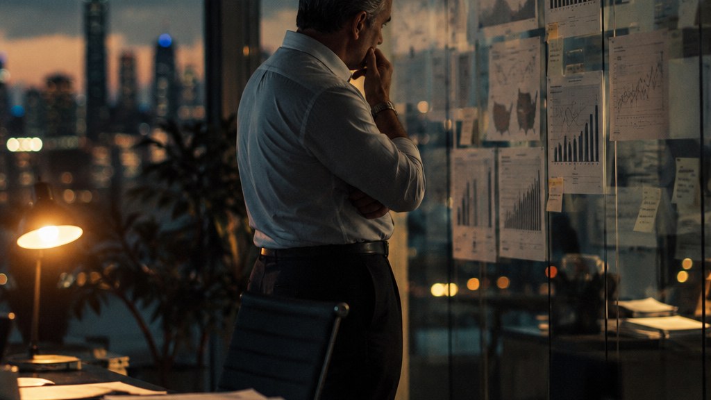 Franchise brand president comparing printed unit performance sheets pinned across a glass partition wall