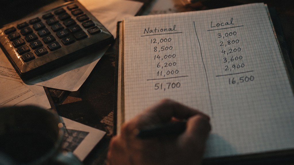 Hand-drawn comparison of national and local advertising spend on graph paper beside a calculator