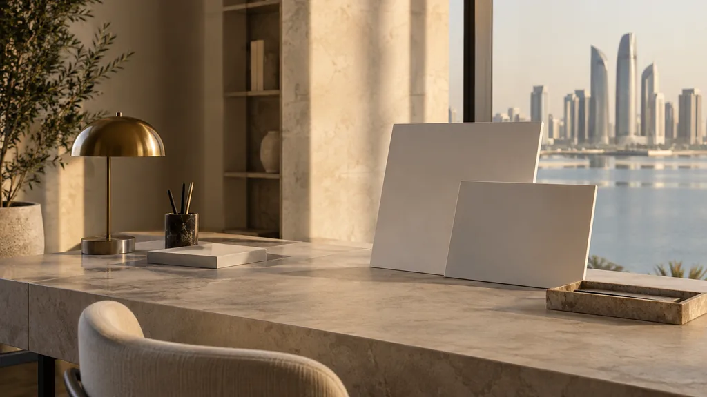 An Abu Dhabi branding studio desk with blank identity boards on pale stone in warm gulf light