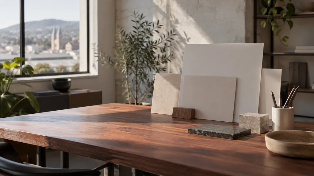 An Adelaide branding studio desk with blank brand boards on jarrah in soft southern light