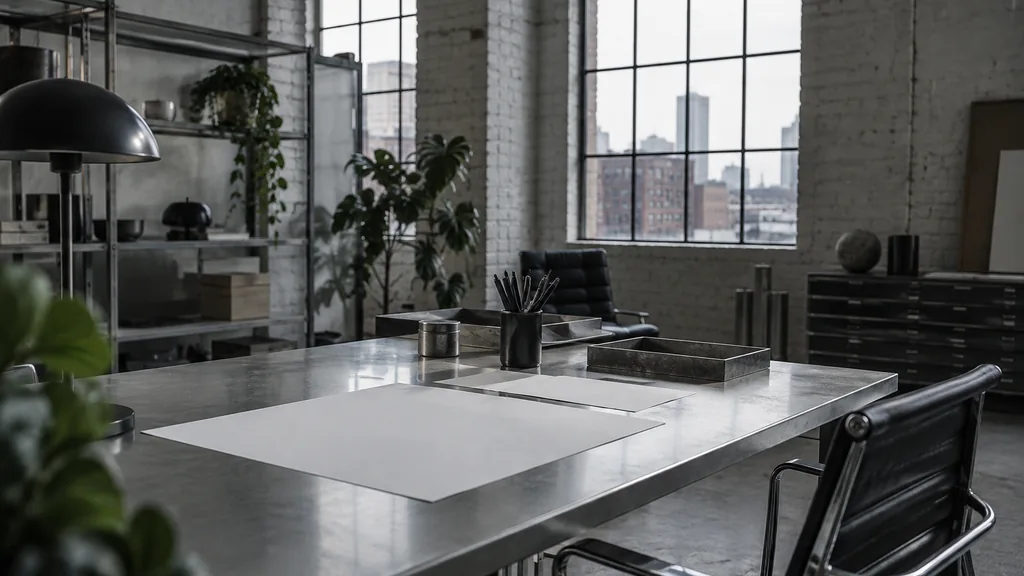A Birmingham warehouse branding studio desk with blank identity sheets on steel in cool grey light