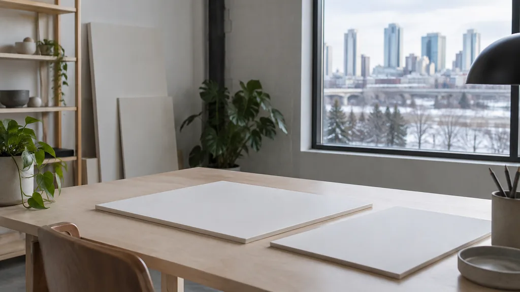 An Edmonton branding studio desk with blank brand boards on birch in cool northern daylight