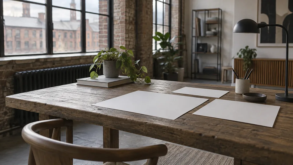 A Leeds mill-conversion branding studio desk with blank brand sheets on reclaimed oak in soft north light