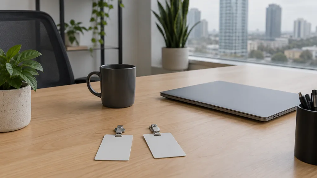 A Mississauga branding studio desk with blank identity cards on maple in flat overcast daylight