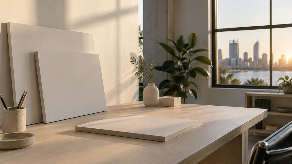 A Perth branding studio desk with blank logo boards on pale ash in warm western light