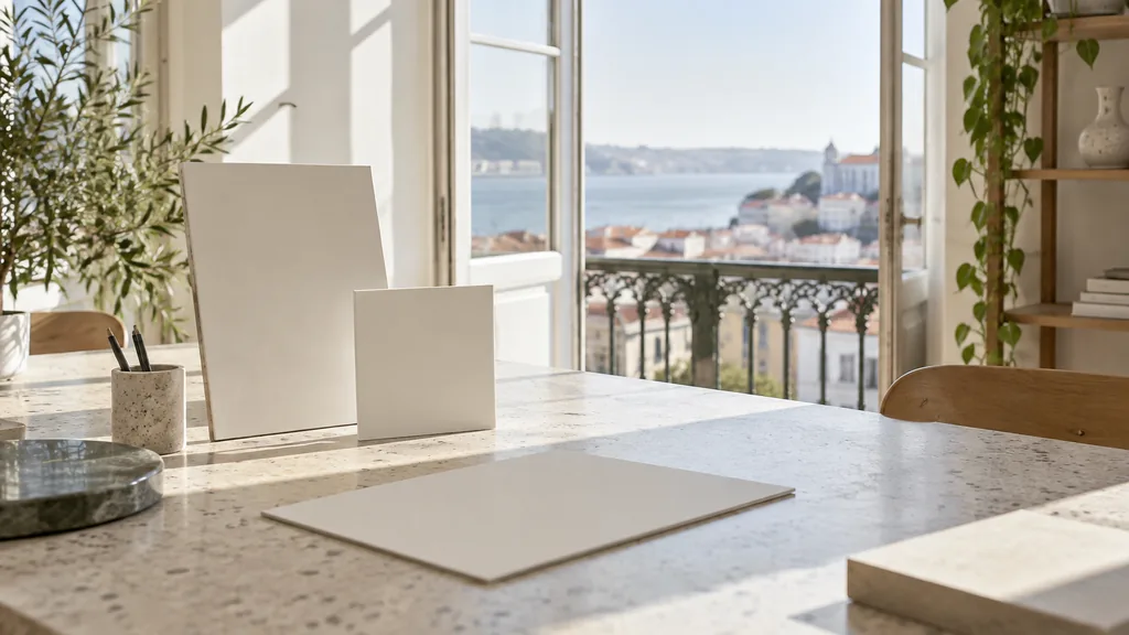 A Lisbon branding studio desk with blank identity boards on pale terrazzo in bright atlantic light