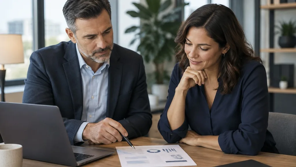 Two marketing leaders at a table reviewing a printed one-page AI readiness assessment beside a laptop in a bright office
