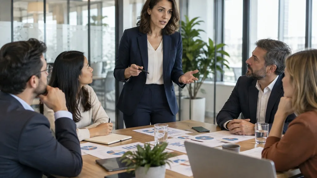Marketing executive briefing four colleagues around a table in a glass-walled meeting room with printed charts