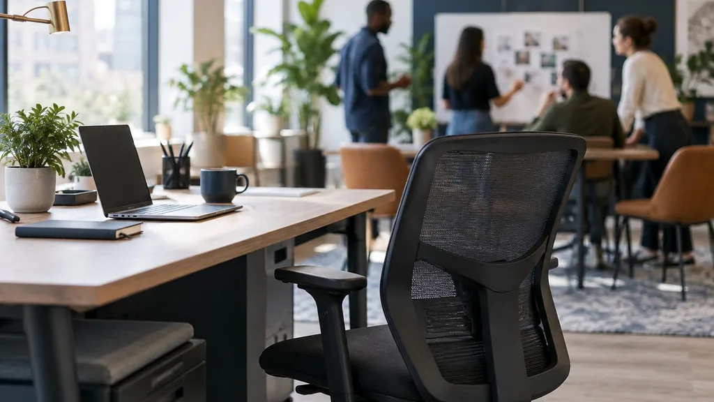 Empty ergonomic office chair at a clean desk with a marketing team collaborating in the blurred background