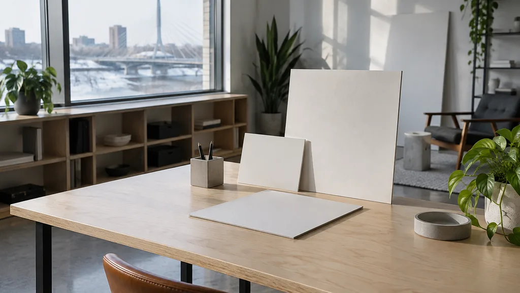 A Winnipeg branding studio desk with blank identity boards on birch in cool prairie daylight