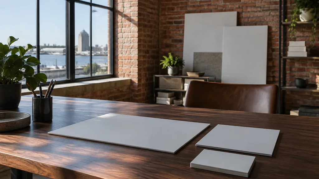 A Buffalo brick-loft branding studio desk with blank brand boards on walnut in cool lake light