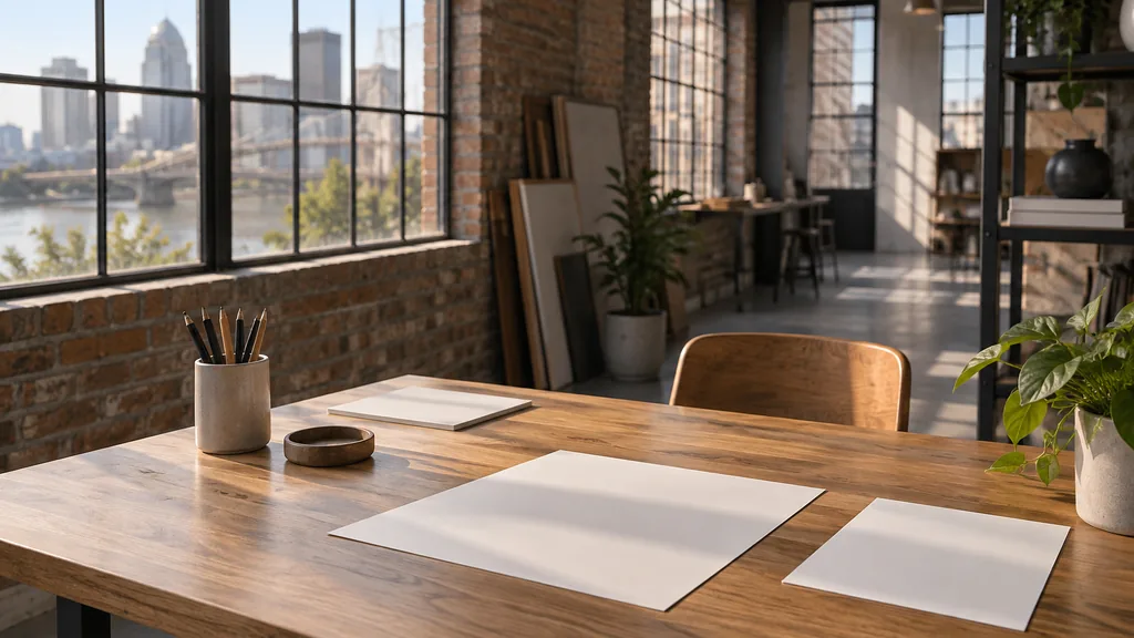 A Louisville warehouse branding studio desk with blank identity sheets on oak in soft afternoon light