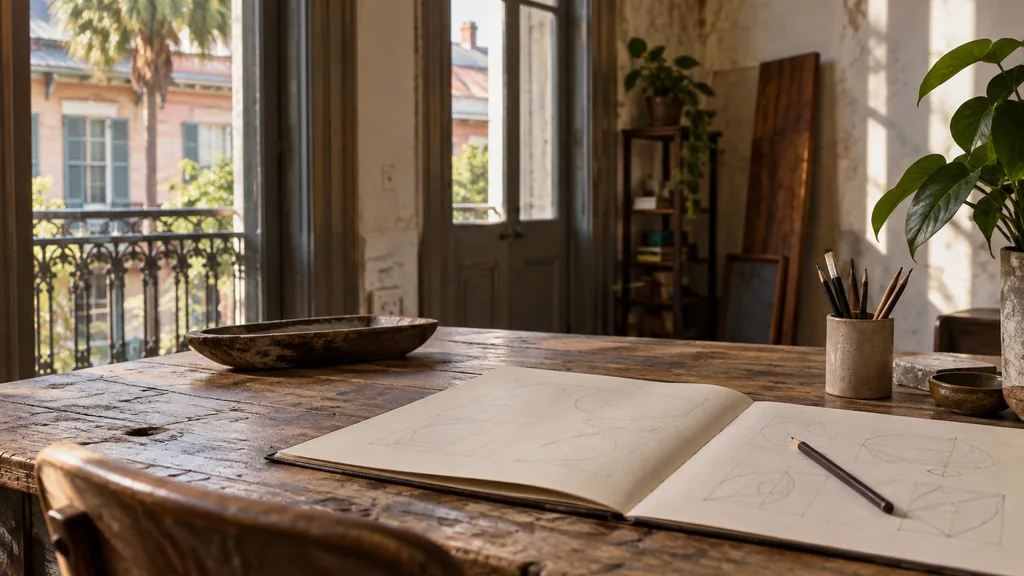 A New Orleans branding studio desk with blank logo sketches on weathered cypress in warm humid light