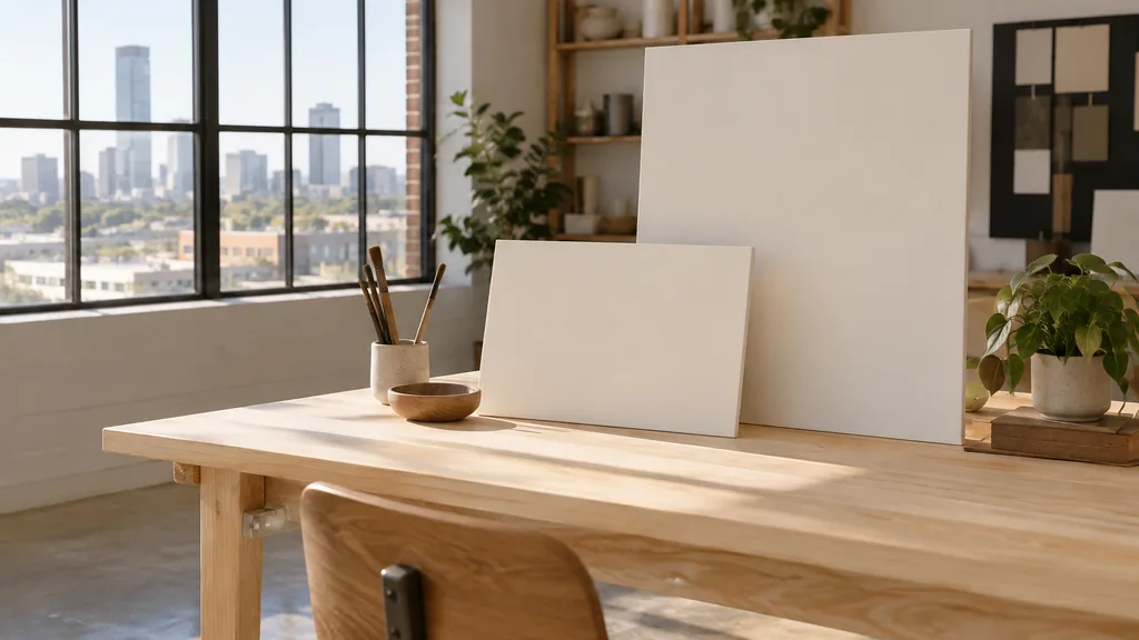 An Oklahoma City branding studio desk with blank brand boards on pale pine in bright plains light