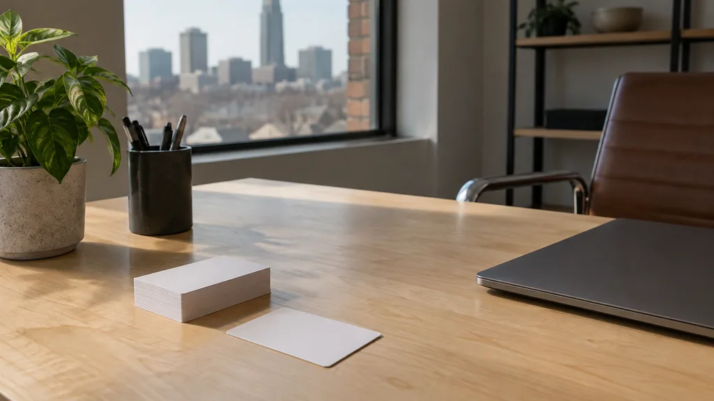 An Omaha branding studio desk with blank identity cards on maple in flat midwest daylight