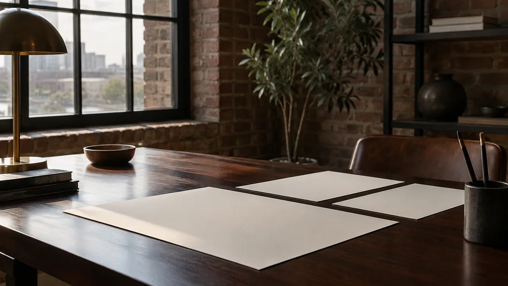 A Richmond branding studio desk with blank brand sheets on dark cherry in soft southern light
