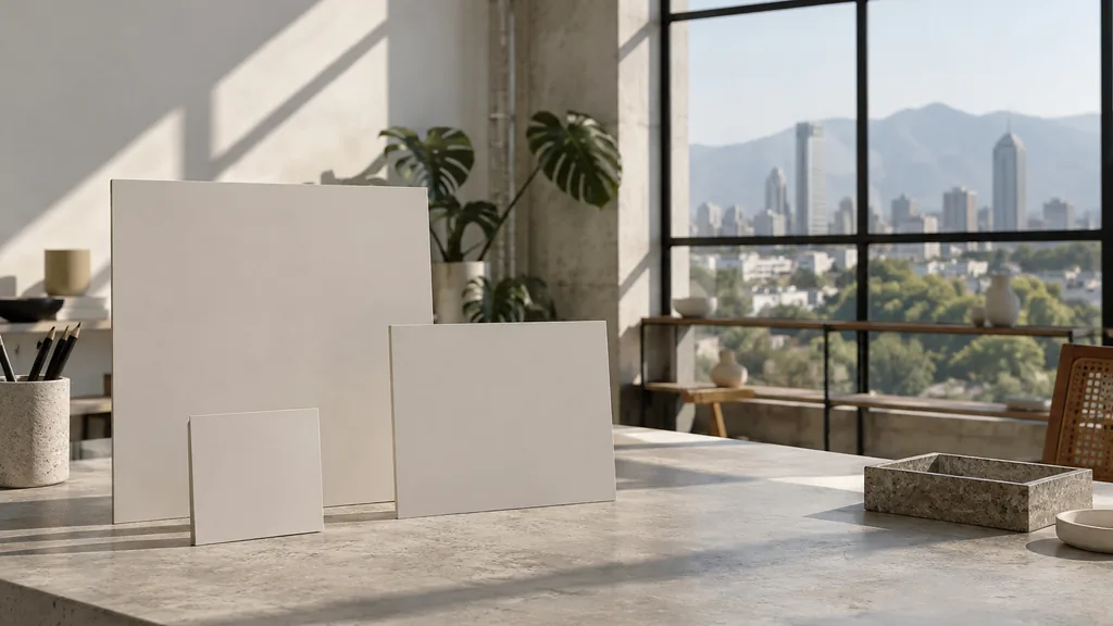 A Mexico City branding studio desk with blank identity boards on pale concrete in high clear altitude light