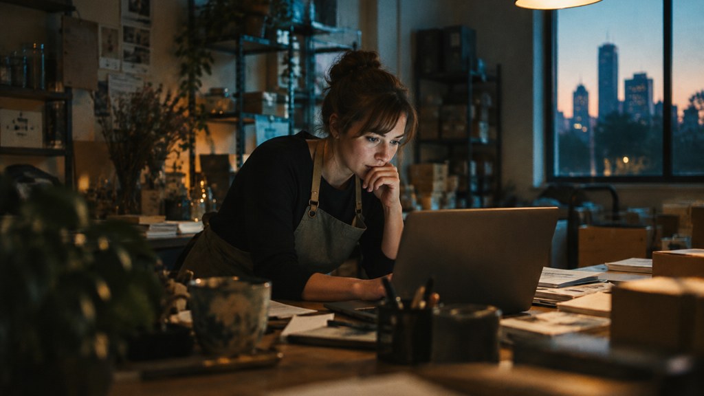 A small-business owner in an apron leaning over a laptop on a cluttered back-office desk late in the day, photographed in Raleigh