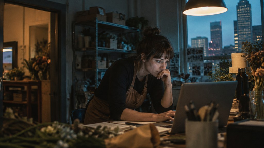 A small-business owner in an apron leaning over a laptop on a cluttered back-office desk late in the day, photographed in Raleigh