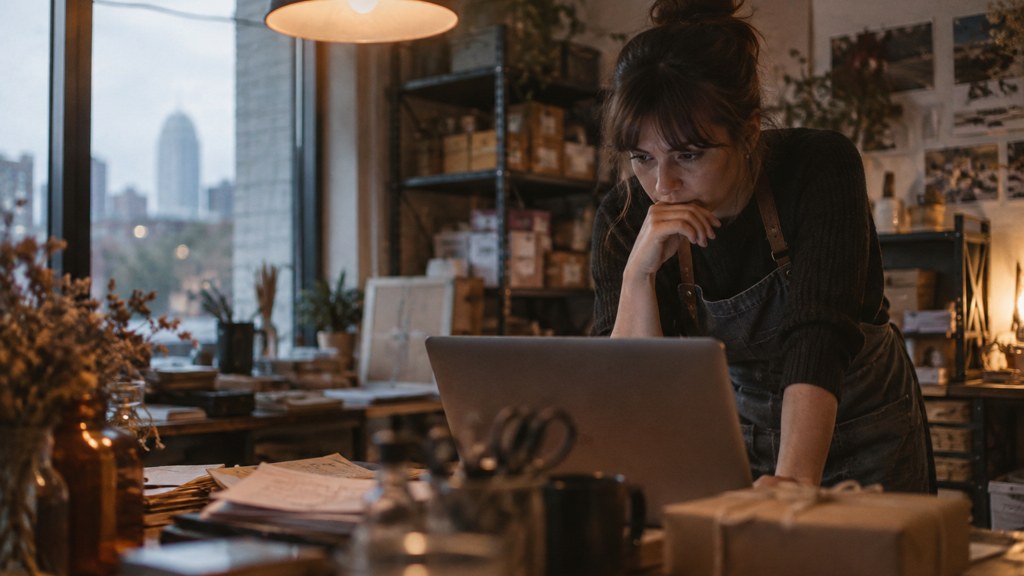A small-business owner in an apron leaning over a laptop on a cluttered back-office desk late in the day, photographed in Raleigh