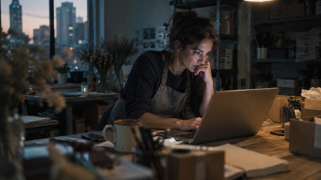 A small-business owner in an apron leaning over a laptop on a cluttered back-office desk late in the day, photographed in Raleigh