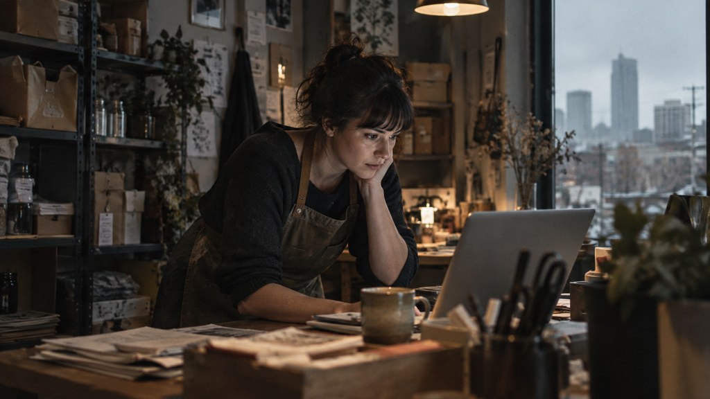 A small-business owner in an apron leaning over a laptop on a cluttered back-office desk late in the day, photographed in Raleigh