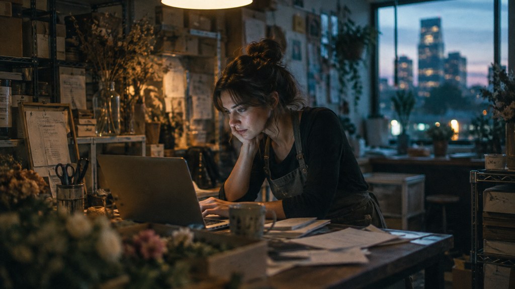 A small-business owner in an apron leaning over a laptop on a cluttered back-office desk late in the day, photographed in Raleigh
