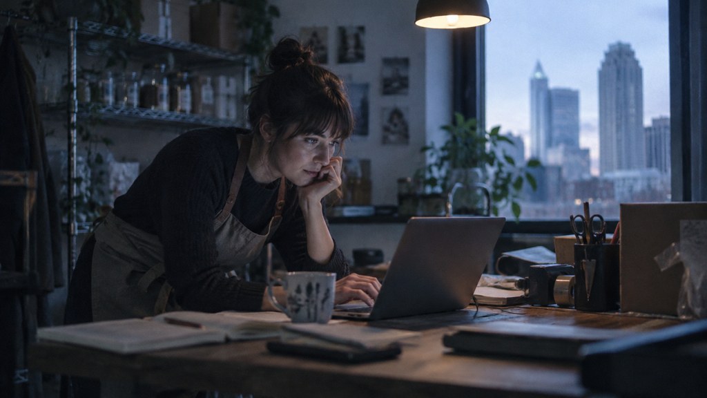 A small-business owner in an apron leaning over a laptop on a cluttered back-office desk late in the day, photographed in Raleigh