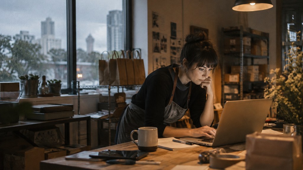 A small-business owner in an apron leaning over a laptop on a cluttered back-office desk late in the day, photographed in Raleigh