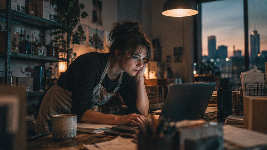 A small-business owner in an apron leaning over a laptop on a cluttered back-office desk late in the day, photographed in Raleigh