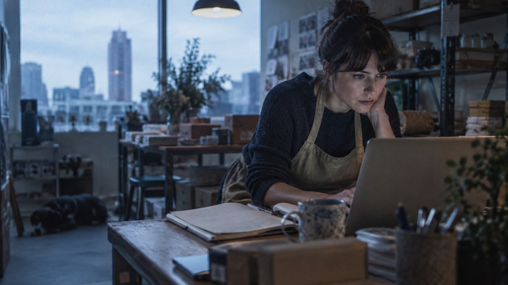 A small-business owner in an apron leaning over a laptop on a cluttered back-office desk late in the day, photographed in Raleigh