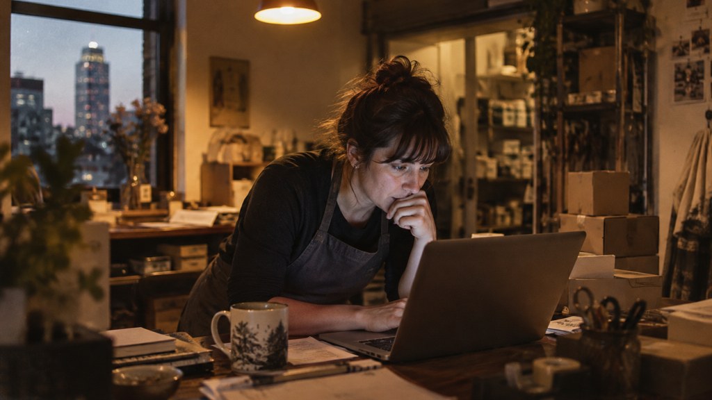 A small-business owner in an apron leaning over a laptop on a cluttered back-office desk late in the day, photographed in Raleigh