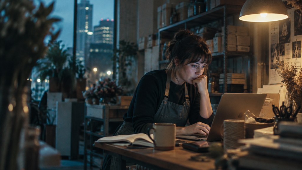A small-business owner in an apron leaning over a laptop on a cluttered back-office desk late in the day, photographed in Raleigh
