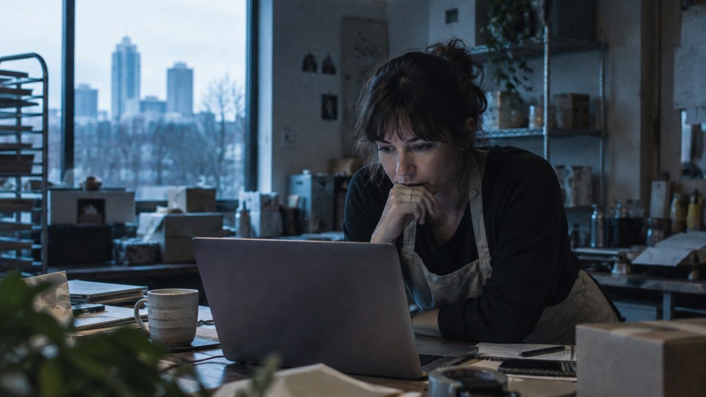 A small-business owner in an apron leaning over a laptop on a cluttered back-office desk late in the day, photographed in Raleigh