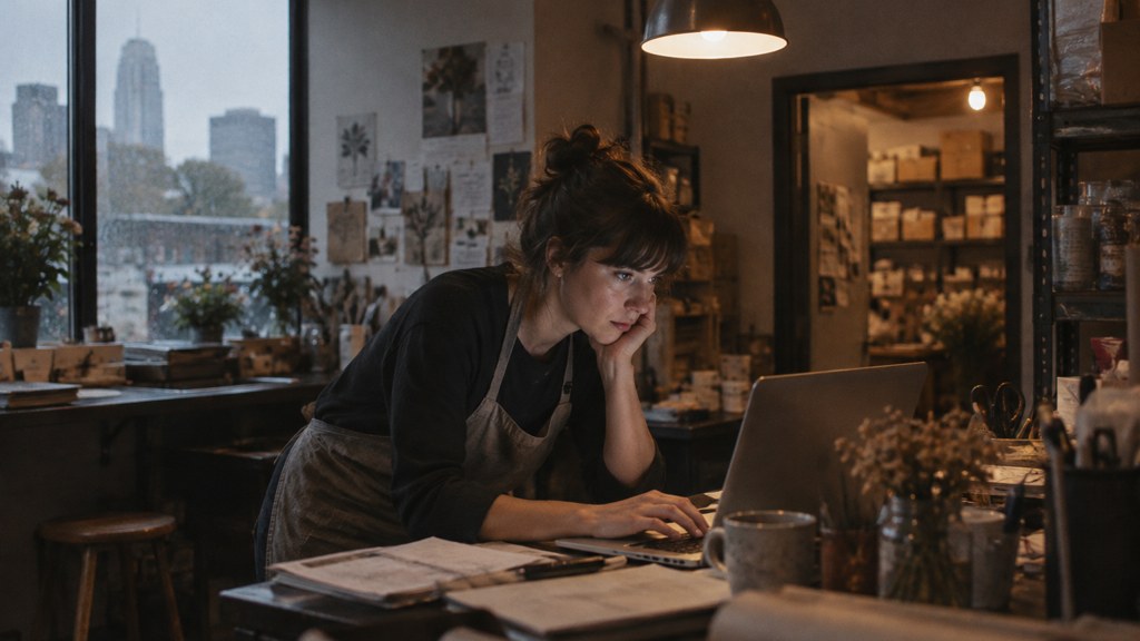 A small-business owner in an apron leaning over a laptop on a cluttered back-office desk late in the day, photographed in Raleigh