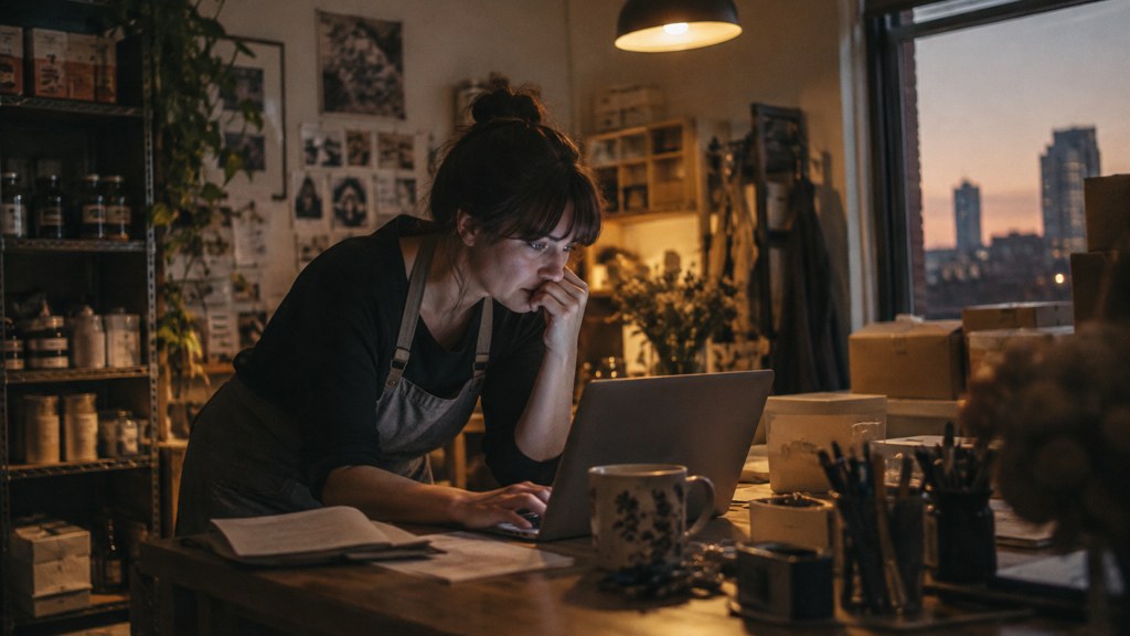 A small-business owner in an apron leaning over a laptop on a cluttered back-office desk late in the day, photographed in Raleigh