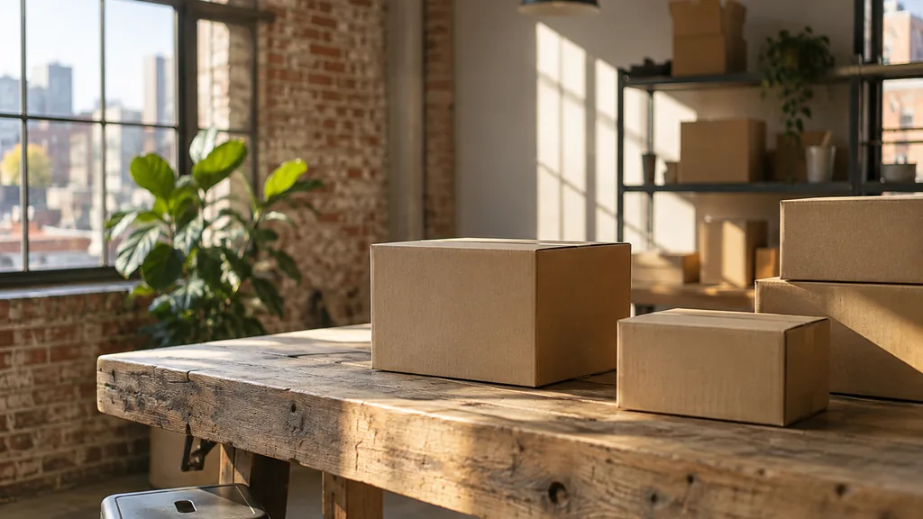 An empty workspace on a Memphis warehouse studio desk of scarred oak with plain shipping cartons beside a closed laptop in warm afternoon light