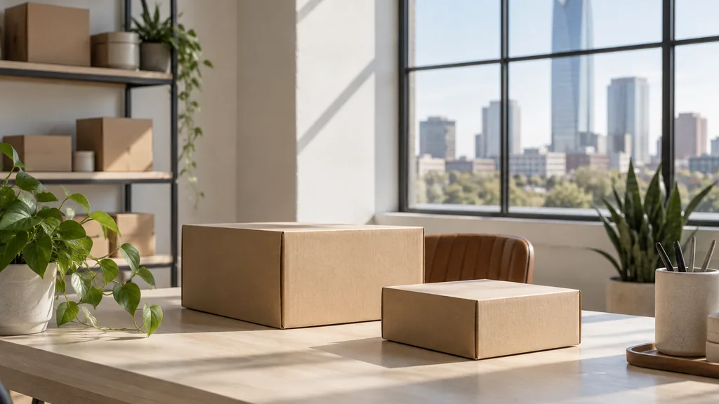 An empty workspace on an Oklahoma City studio desk of pale ash with unbranded parcels in dry prairie light