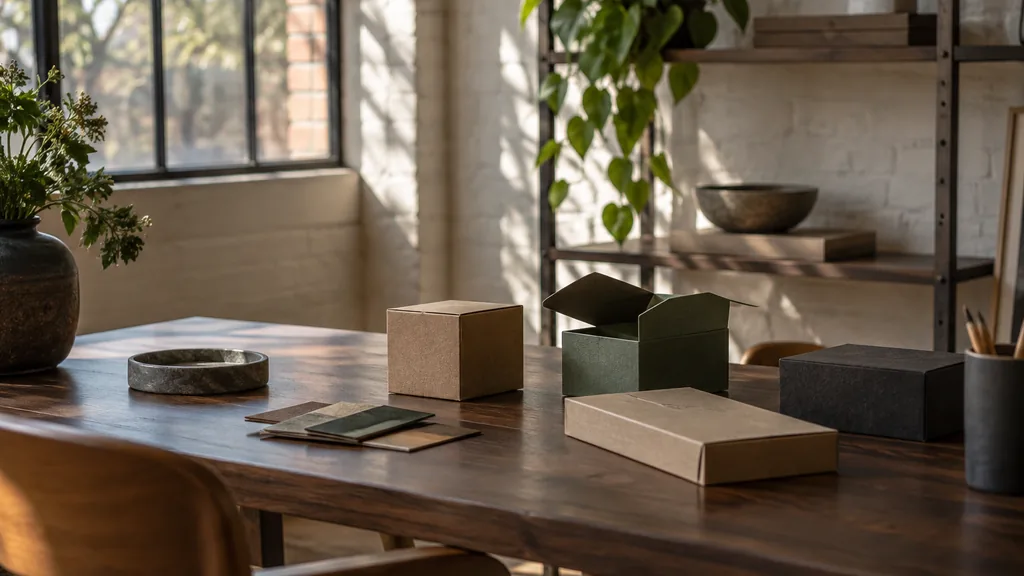 An empty workspace on a Richmond rowhouse studio desk of dark walnut with folded packaging samples in soft morning light
