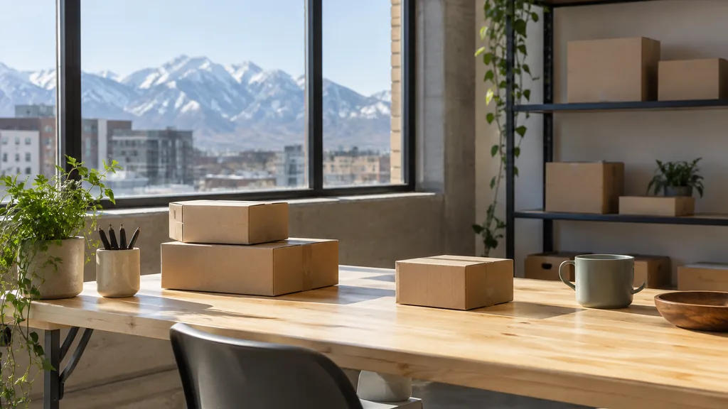 An empty workspace on a Salt Lake City studio desk of light birch with small unbranded cartons in bright mountain light
