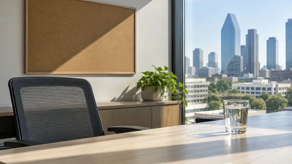 An empty workspace on a Dallas office table of light ash with an empty pinboard and a plain water glass in bright midday light