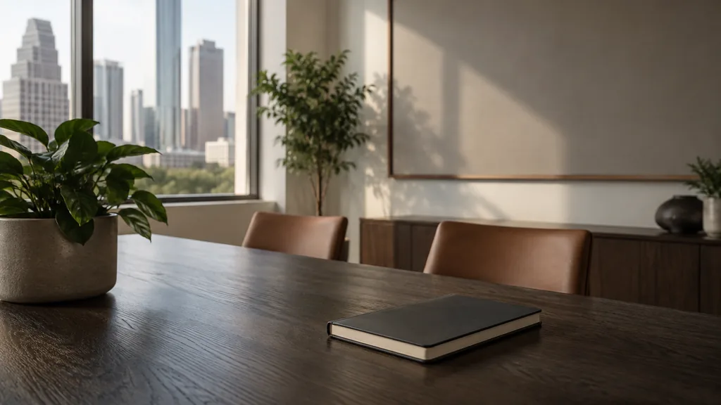 An empty workspace on a Houston office table of dark oak with an empty planning wall and one plain notebook in soft filtered light