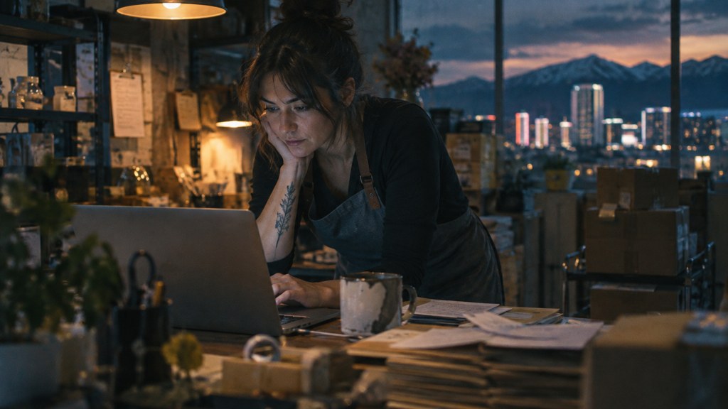 A small-business owner in an apron leaning over a laptop on a cluttered back-office desk late in the day, photographed in Reno