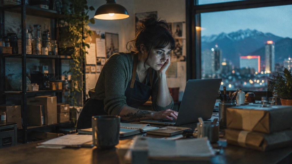 A small-business owner in an apron leaning over a laptop on a cluttered back-office desk late in the day, photographed in Reno