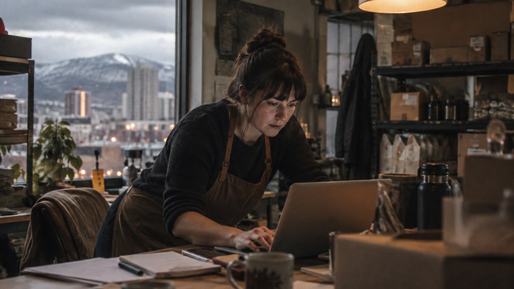 A small-business owner in an apron leaning over a laptop on a cluttered back-office desk late in the day, photographed in Reno