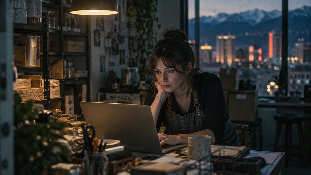A small-business owner in an apron leaning over a laptop on a cluttered back-office desk late in the day, photographed in Reno