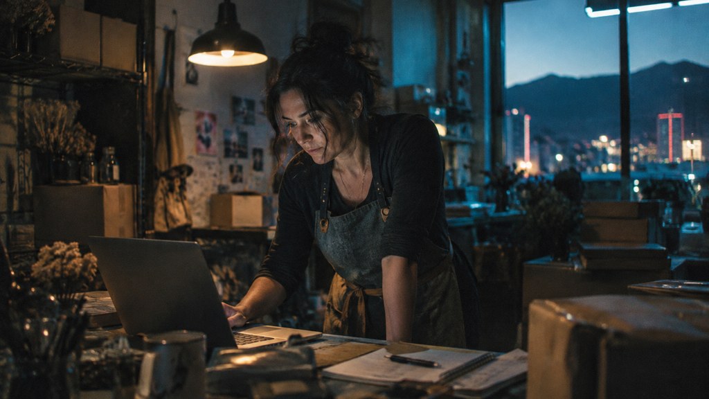 A small-business owner in an apron leaning over a laptop on a cluttered back-office desk late in the day, photographed in Reno