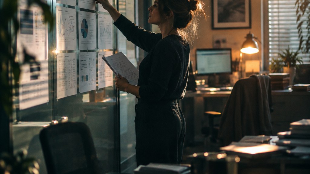 Dental group marketing director reviewing printed practice performance sheets taped across a glass partition