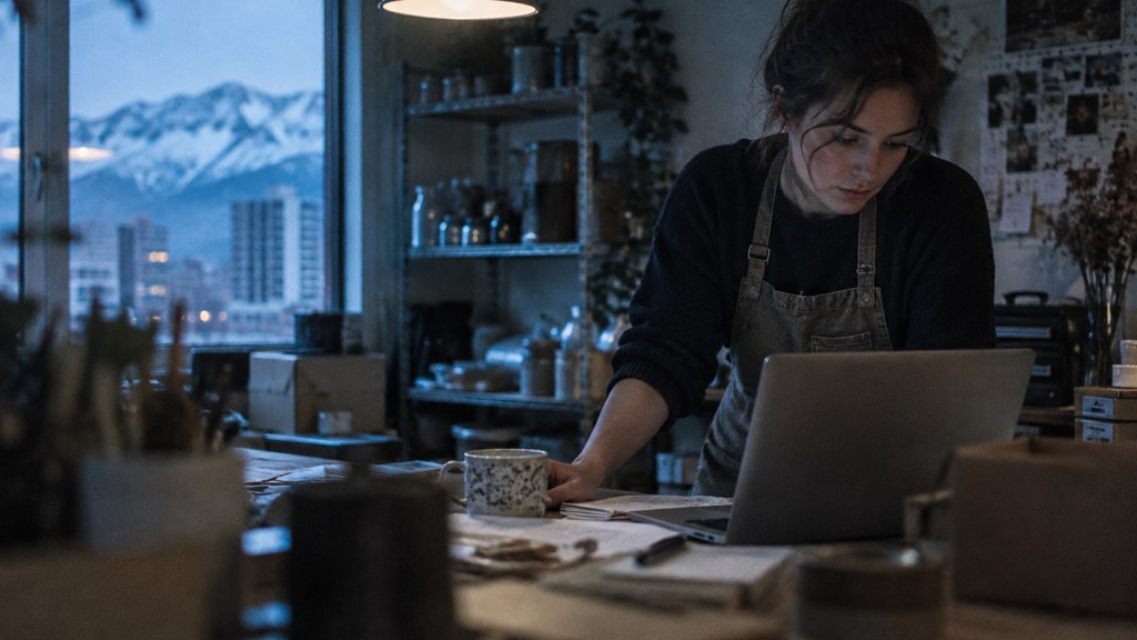 A small-business owner in an apron leaning over a laptop on a cluttered back-office desk late in the day, photographed in Reno