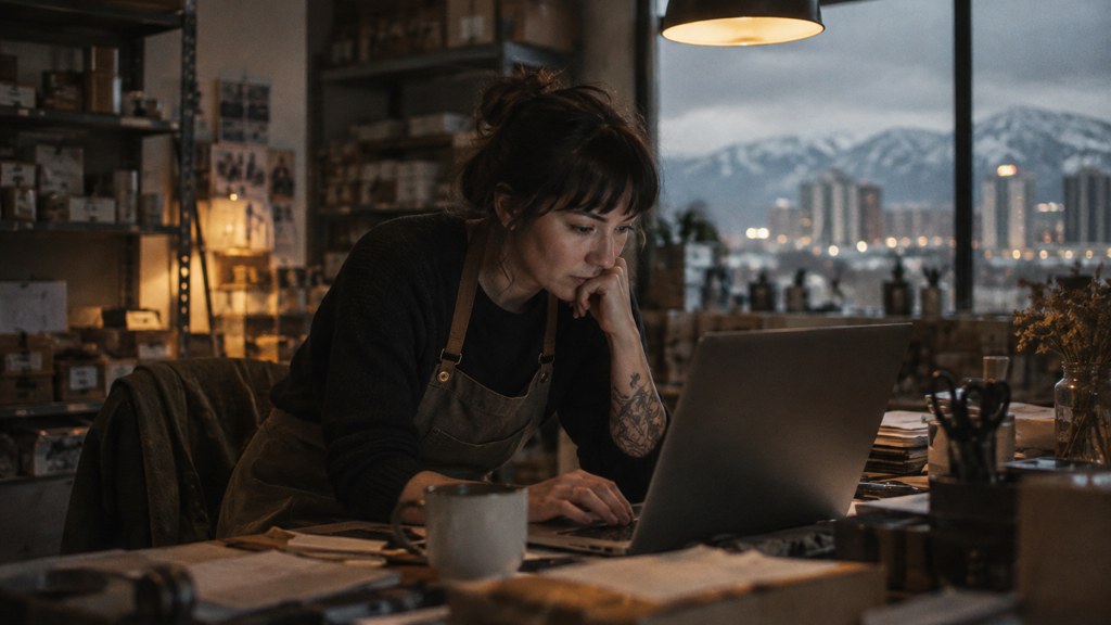 A small-business owner in an apron leaning over a laptop on a cluttered back-office desk late in the day, photographed in Reno
